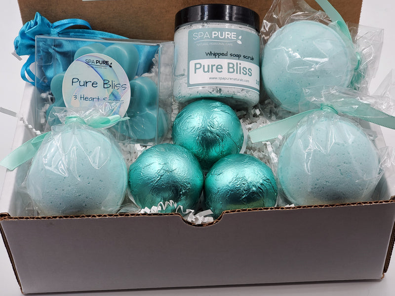 Spa Pure Luxury Spa Kit - Pure Bliss - 3 XL Pure Bliss Bath Fizzies, 3 Pure Bliss shower steamers, 3 Heart-shaped soaps, one 3.5 oz Pure Bliss whipped soap scrub, 1 Roll-on Perfume, Perfect for a mini-spa treatment.
