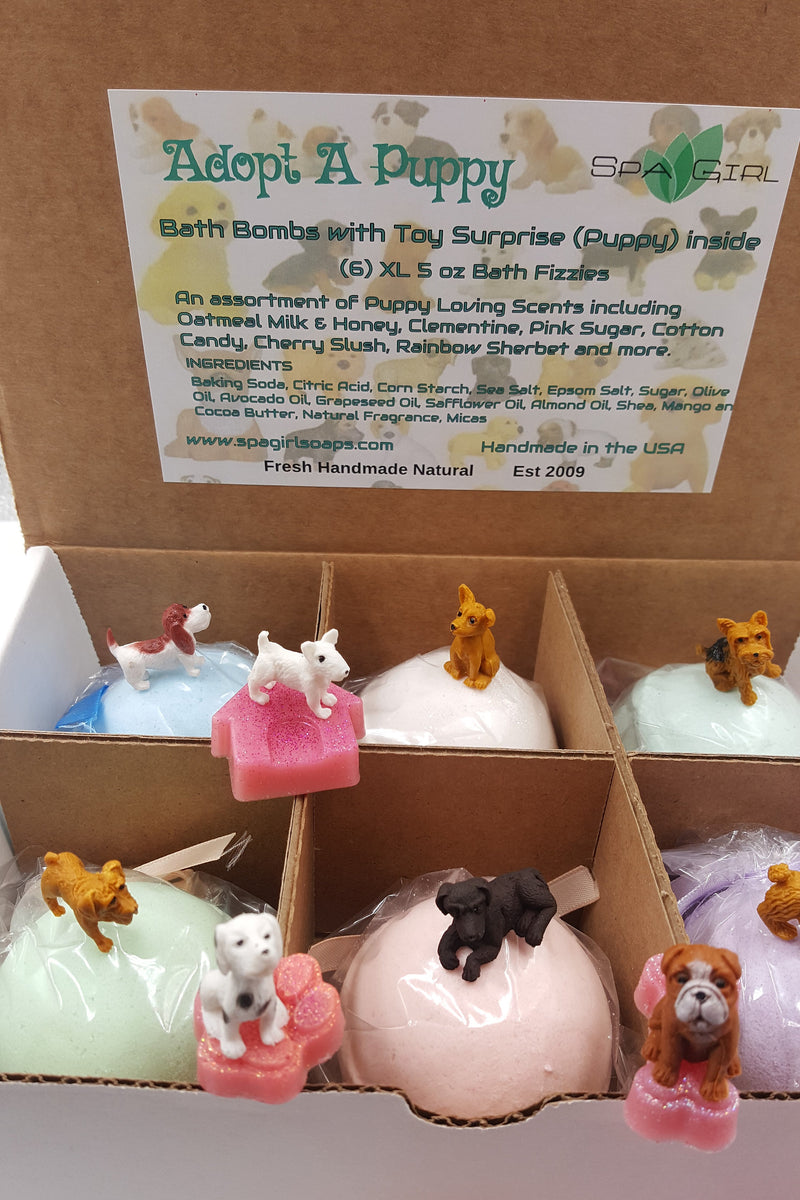Adorable Kids Bath Bomb Gift Set, 6 Bath Bombs with (ADOPT-A-PUPPY) toys inside