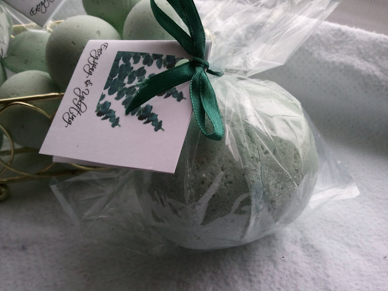 14 bath bombs in Eucalyptus & Spearmint scent, gift bag bath fizzies, great for dry skin, shea, cocoa, 7 ultra rich oils